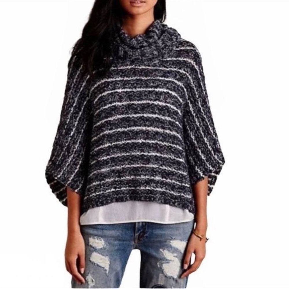 ANTHROPOLOGIE Moth Oslo Poncho blue and white dolman sleeve cowl neck sweater